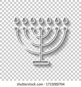 Hanukkah icon or menorah lamp. Outline Jewish Candles. White outline sign with shadow on transparent background