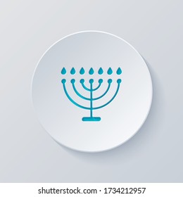 Hanukkah icon or menorah lamp. Outline Jewish Candles. Cut circle with gray and blue layers. Paper style