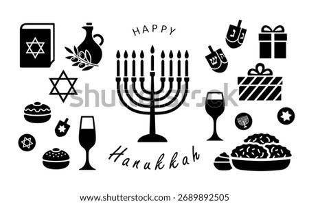 Hanukkah icon set, black stencil silhouette isolated on white. Menorah, dreidel, latkes and sufganiyot, Torah book with Star of David symbol. Vector clipart sign for minimalist Hanukkah design.