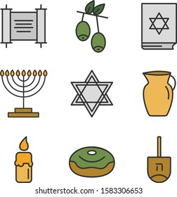 Hanukkah icon set color holiday 