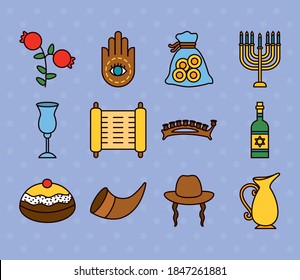 hanukkah icon set over purple background, line and fill style, vector illustration