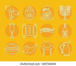 hanukkah icon set over yellow background, line style, vector illustration