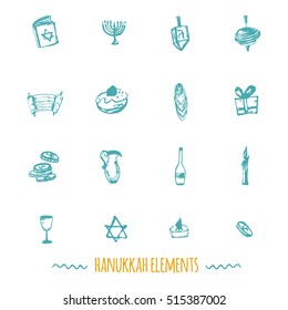 Hanukkah icons big set in hand drawn style including menorah, star, dreidel, torah, donut, gift. can be used for wrapping, banners, greeeting cards