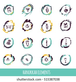 Hanukkah icons big set in hand drawn style including menorah, star, dreidel, torah, donut, gift. can be used for wrapping, banners, greeeting cards.