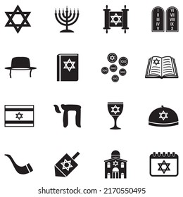 Hanukkah Icons. Black Flat Design. Vector Illustration.