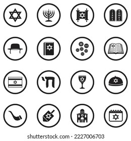 Hanukkah Icons. Black Flat Design In Circle. Vector Illustration.