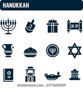 Hanukkah icons. Festival of Lights vector set. Filled icon design. Festival of Lamps. Jewish holiday