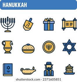 Hanukkah icons. Festival of Lights vector set. Color icon design. Festival of Lamps. Jewish holiday