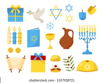 Hanukkah Icons. Isolated Elements - David Star, menorah, dreidels, wine
