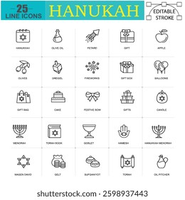 Hanukkah Icons Pack - Judaic Celebration Editable Vector stroke pictograms. illustration EPS10