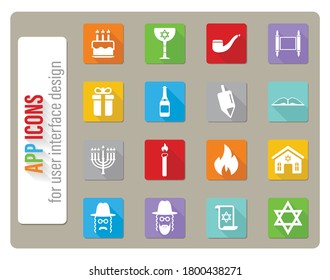 Hanukkah icons set in flat design with long shadow