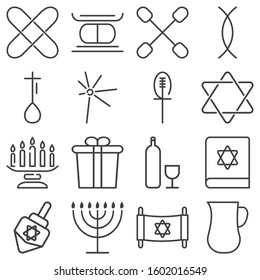 Hanukkah icons set. outline vector illustration. contain such as symbol of kwanzaa, Menorah (candlestick), candles, gifts, bottle, and more.