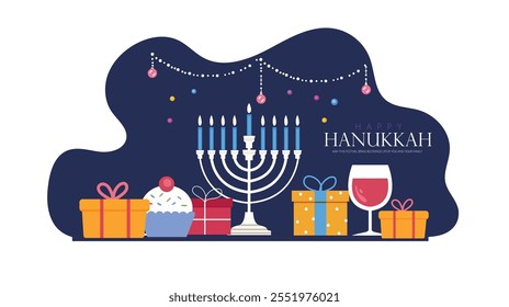 Hanukkah illustration featuring a menorah, gifts, and festive decorations. Celebratory elements highlight the joy and warmth of the holiday season.