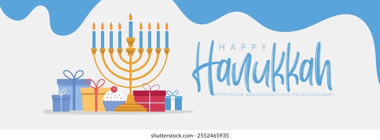 Hanukkah illustration featuring a menorah, gifts, and festive decorations. Celebratory elements highlight the joy and warmth of the holiday season.