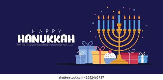 Hanukkah illustration featuring a menorah, gifts, and festive decorations. Celebratory elements highlight the joy and warmth of the holiday season.