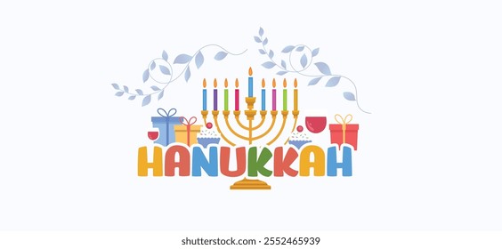 Hanukkah illustration featuring a menorah, gifts, and festive decorations. Celebratory elements highlight the joy and warmth of the holiday season.