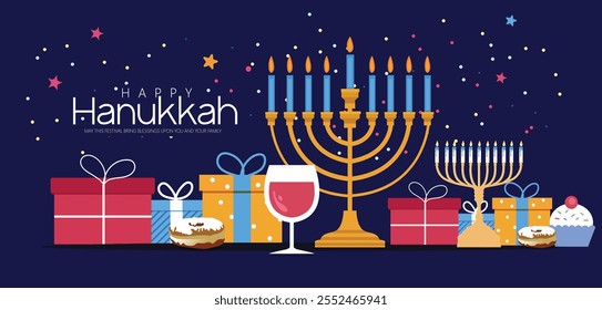 Hanukkah illustration featuring a menorah, gifts, and festive decorations. Celebratory elements highlight the joy and warmth of the holiday season.