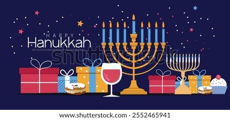 Hanukkah illustration featuring a menorah, gifts, and festive decorations. Celebratory elements highlight the joy and warmth of the holiday season.