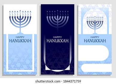 Hanukkah invitations with Menorah candle. Happy jewish holiday of Hanukkah. Set of templates for greeting cards, banners, brochures. Vector