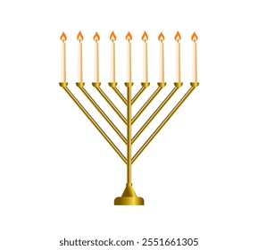 Hanukkah isolated Golden realistic menorah, candlestick with burning candles, traditional Hanukkah  candelabrum, Jewish decoration, Vector illustration