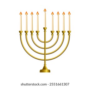 Hanukkah isolated Golden realistic menorah, candlestick with burning candles, traditional Hanukkah  candelabrum, Jewish decoration, Vector illustration