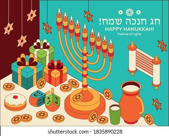 Hanukkah isometric template with Torah, menorah and dreidels. Greeting card. Translation Happy Hanukkah. Vector illustration.