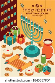 Hanukkah isometric template with Torah, menorah and dreidels. Greeting card. Translation Happy Hanukkah. Vector illustration.