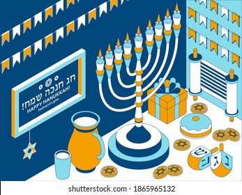 Hanukkah isometric template with Torah, menorah and dreidels. Greeting card. Translation Happy Hanukkah. Vector illustration.