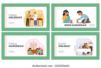 Hanukkah Israel Holiday Celebration Landing Page Template Set. Happy Family Celebrating Jewish Festival of Lights. Parents and Children Lighting Candles on Menorah. Cartoon People Vector Illustration