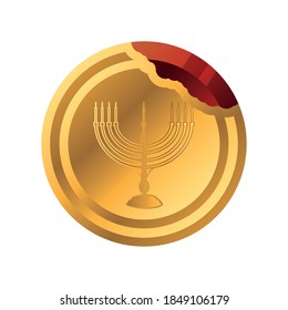 hanukkah, Jewish coin with menorah flat icon vector illustration