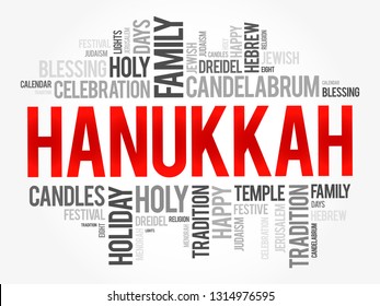 Hanukkah - Jewish festival commemorating the recovery of Jerusalem and subsequent rededication of the Second Temple, word cloud concept background