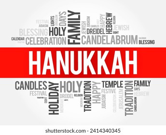 Hanukkah - Jewish festival commemorating the recovery of Jerusalem and subsequent rededication of the Second Temple, word cloud concept background