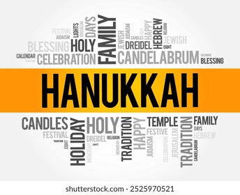 Hanukkah - Jewish festival commemorating the recovery of Jerusalem and subsequent rededication of the Second Temple, word cloud concept background