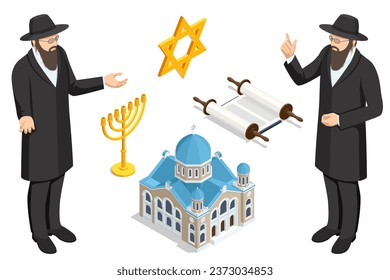 Hanukkah, Jewish festival. Isometric Judaism religious symbols of Jewish holidays. Hanukkah menorah, David Star, torah and dreidel, rabbi, synagogue, book