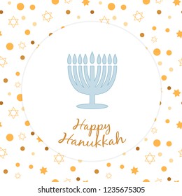 Hanukkah, the Jewish Festival of Lights, festive background with menorah and golden stars and lights. Golden, beige and turquose colors. Vector illustration