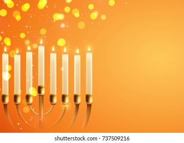 Hanukkah, the Jewish Festival of Lights, festive background with menorah and golden lights. Vector illustration