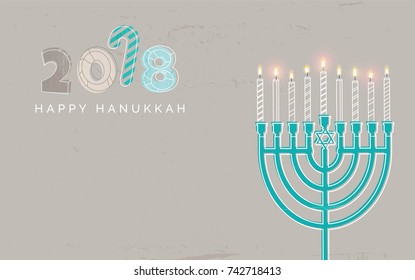 Hanukkah, the Jewish Festival of Lights, festive background with menorah and golden lights. Greeting Card with hand drawn numbers 2018 . Golden, beige and turquose colors. Vector illustration