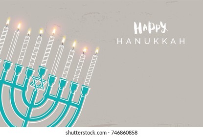 Hanukkah, the Jewish Festival of Lights, festive background with menorah and golden lights.  Golden, beige and turquose colors. Vector illustration