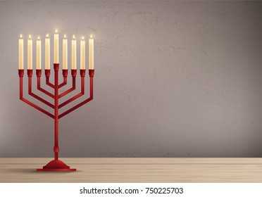 Hanukkah, the Jewish Festival of Lights, festive background with menorah on the table. Vector illustration