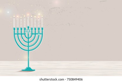 Hanukkah, the Jewish Festival of Lights, festive background with menorah and golden lights.  Golden, beige and turquose colors. Vector illustration