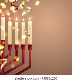 Hanukkah, the Jewish Festival of Lights, festive background with menorah and golden lights. Vector illustration