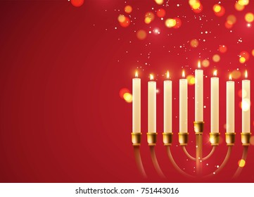 Hanukkah, the Jewish Festival of Lights, festive background with menorah and golden lights. Vector illustration