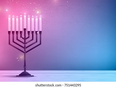 Hanukkah, the Jewish Festival of Lights, festive background with menorah and golden lights. Vector illustration