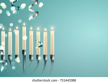 Hanukkah, the Jewish Festival of Lights, festive background with menorah and silver lights. Vector illustration