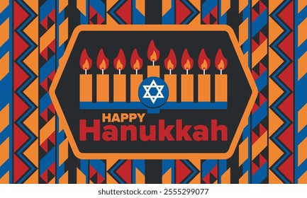 Hanukkah. Jewish festival. Festival of Lights. Traditional menorah. Candles. Star of David. Happy holiday banner. Creative art template. Vector illustration