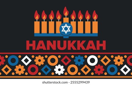 Hanukkah. Jewish festival. Festival of Lights. Traditional menorah. Candles. Star of David. Happy holiday banner. Creative art template. Vector illustration