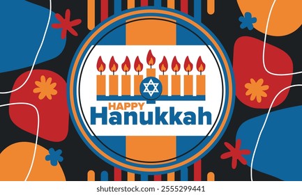 Hanukkah. Jewish festival. Festival of Lights. Traditional menorah. Candles. Star of David. Happy holiday banner. Creative art template. Vector illustration