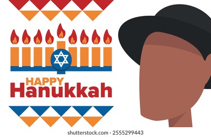 Hanukkah. Jewish festival. Festival of Lights. Traditional menorah. Candles. Star of David. Happy holiday banner. Creative art template. Vector illustration