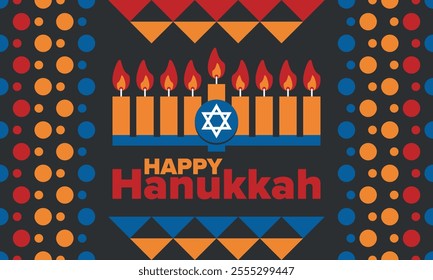 Hanukkah. Jewish festival. Festival of Lights. Traditional menorah. Candles. Star of David. Happy holiday banner. Creative art template. Vector illustration