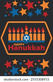 Hanukkah. Jewish festival. Festival of Lights. Traditional menorah. Candles. Star of David. Happy holiday banner. Creative art template. Vector illustration